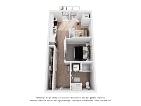 A 3D floor plan of a small apartment with a kitchen, living room, and bathroom.